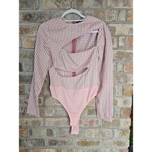 PrettyLittleThing Pink Gingham Sexy Babydoll Cutout‎ Long Sleeve Bodysuit Teddy